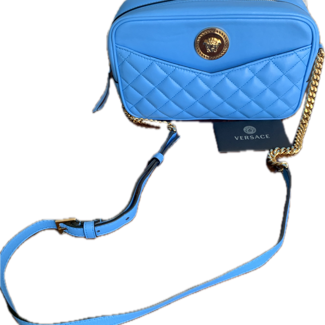 Versace La Medusa Blue Quilted Camera Crossbody Bag