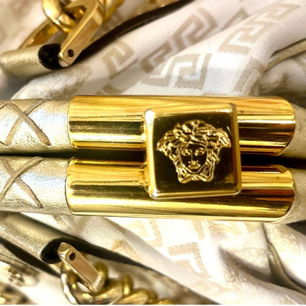 Versace Jacquard Logo Handbag with Chain Link & Leather Accent