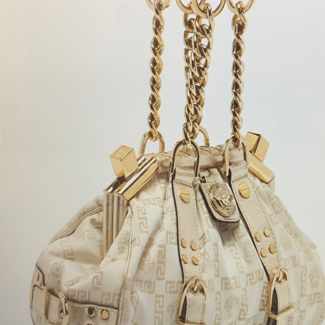 Versace Jacquard Logo Handbag with Chain Link & Leather Accent