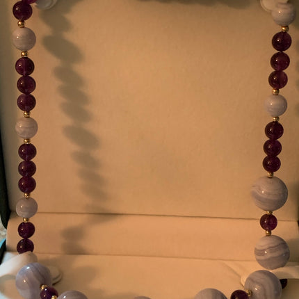 14K Gold Stamped Blue Lace Agate & Amethyst 24" Necklace