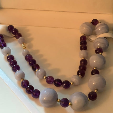 14K Gold Stamped Blue Lace Agate & Amethyst 24" Necklace