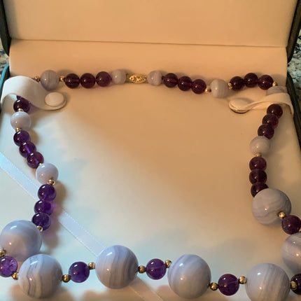 14K Gold Stamped Blue Lace Agate & Amethyst 24" Necklace