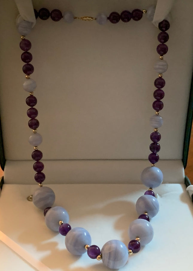 14K Gold Stamped Blue Lace Agate & Amethyst 24" Necklace