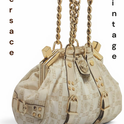 Versace Jacquard Logo Handbag with Chain Link & Leather Accent