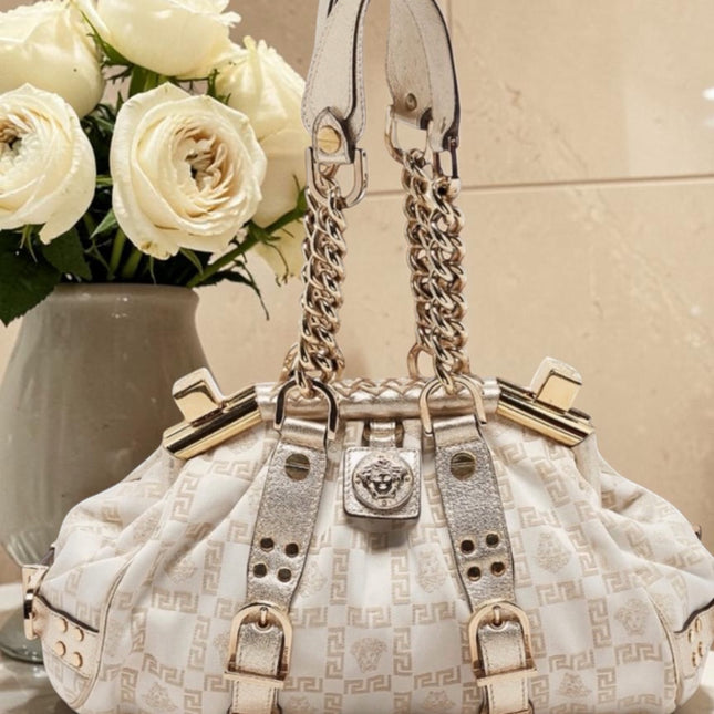 Versace Jacquard Logo Handbag with Chain Link & Leather Accent