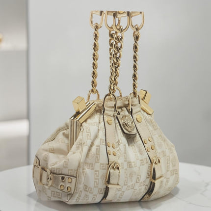 Versace Jacquard Logo Handbag with Chain Link & Leather Accent