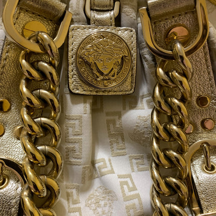 Versace Jacquard Logo Handbag with Chain Link & Leather Accent