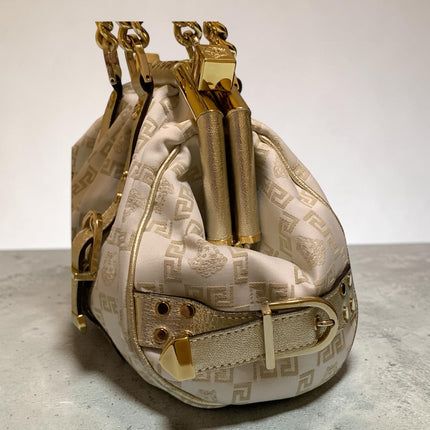 Versace Jacquard Logo Handbag with Chain Link & Leather Accent