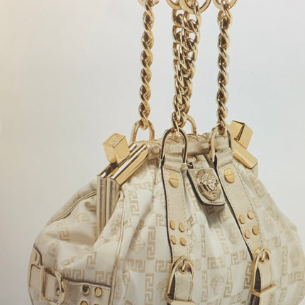 Versace Jacquard Logo Handbag with Chain Link & Leather Accent