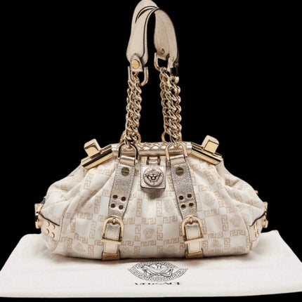 Versace Jacquard Logo Handbag with Chain Link & Leather Accent