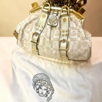 Versace Jacquard Logo Handbag with Chain Link & Leather Accent