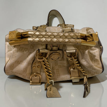 Versace Jacquard Logo Handbag with Chain Link & Leather Accent