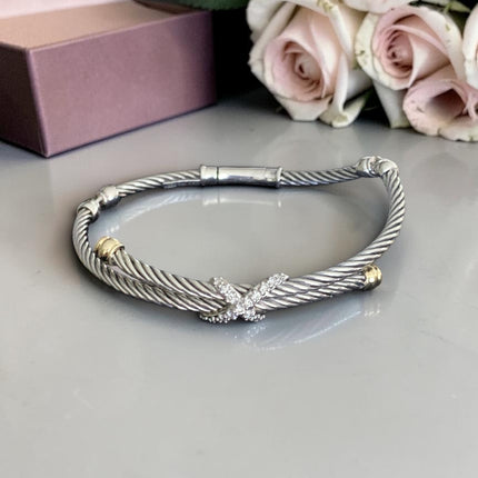 David Yurman X Collection Silver, 18K Gold & Diamond Crossover Cable Bracelet