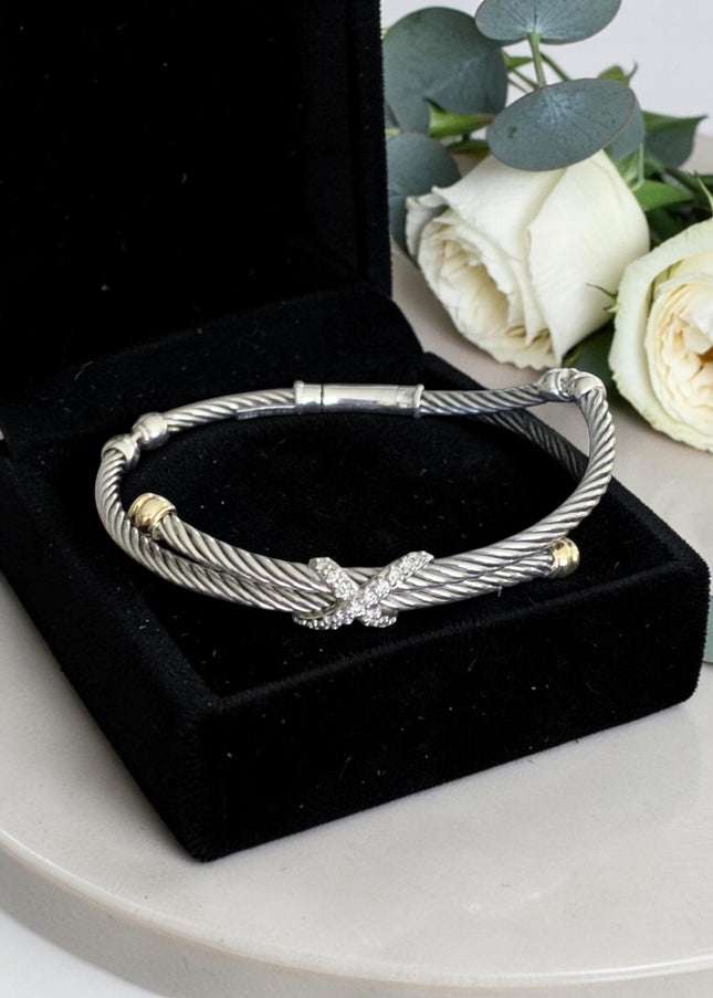 David Yurman X Collection Silver, 18K Gold & Diamond Crossover Cable Bracelet