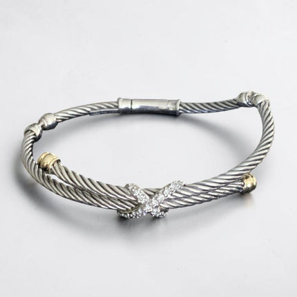 David Yurman X Collection Silver, 18K Gold & Diamond Crossover Cable Bracelet