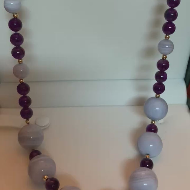 14K Gold Stamped Blue Lace Agate & Amethyst 24" Necklace