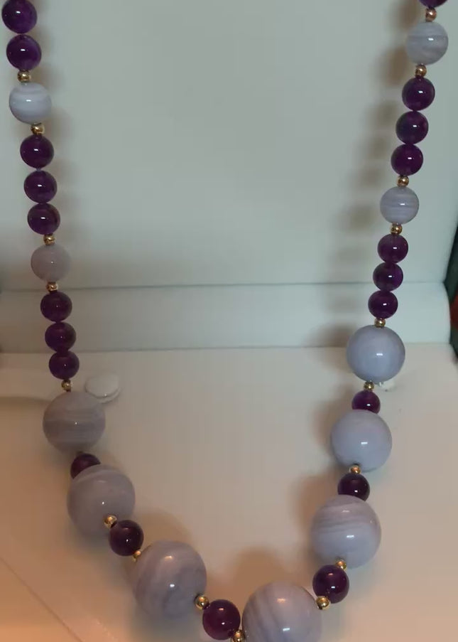 14K Gold Stamped Blue Lace Agate & Amethyst 24" Necklace