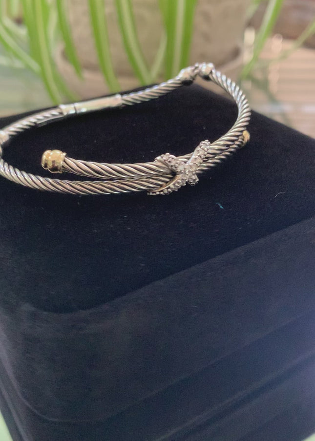 David Yurman X Collection Silver, 18K Gold & Diamond Crossover Cable Bracelet